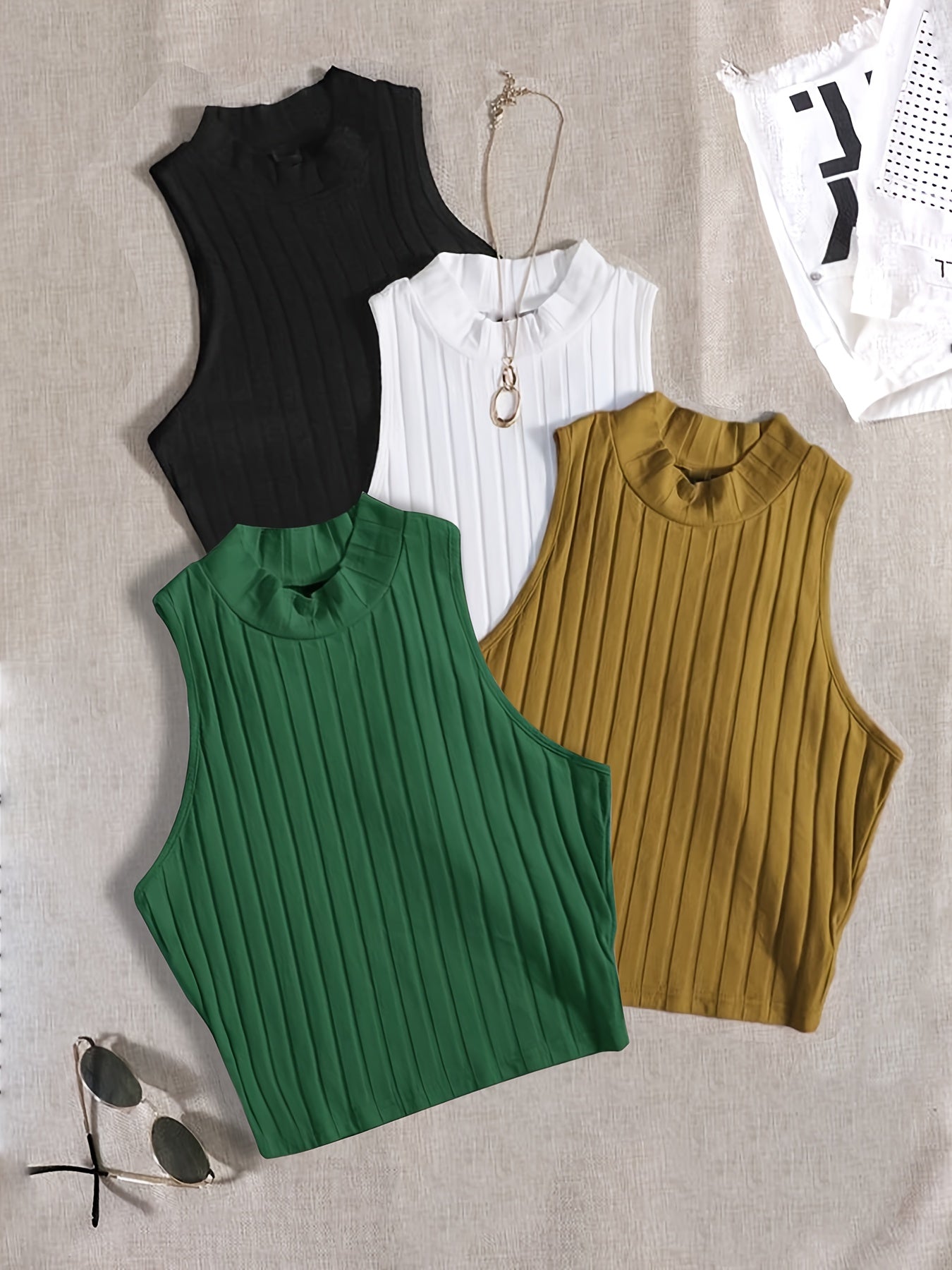 Women's 4-Piece Solid Color Sleeveless Crop Tank Top Set – Crew Neck Knit Tops for Spring & Summer Layering